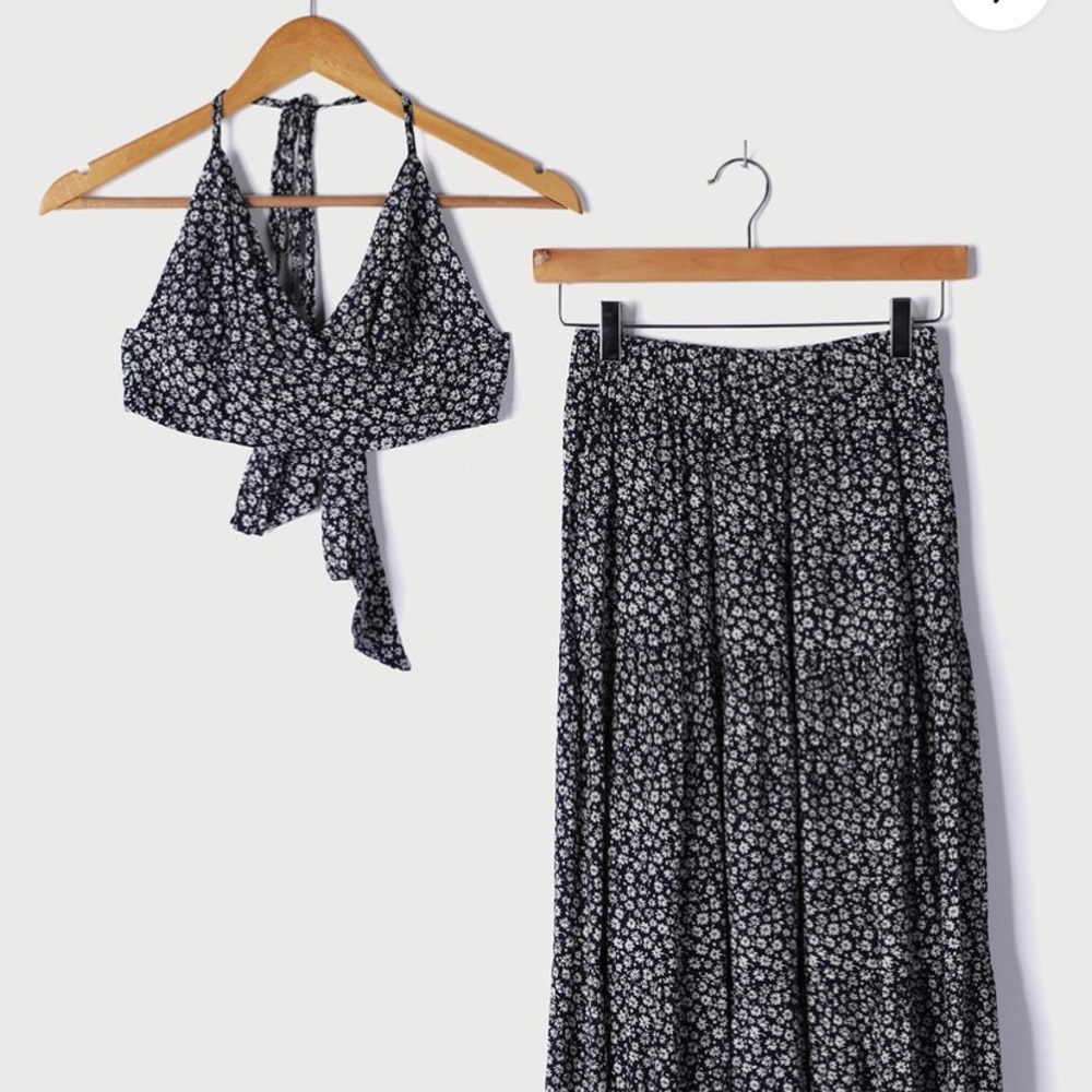 Lulus Sunny Location Navy Blue Floral Print Two-Piece Maxi Dress